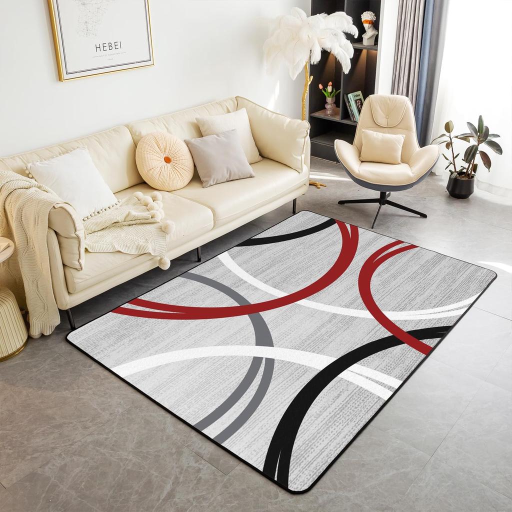 Contemporary Earthy Tone Themed Rug,Red Brown Beige Abstract Wave Non-Slip Floor Mat for Bedroom Living Room Office Decor Carpet