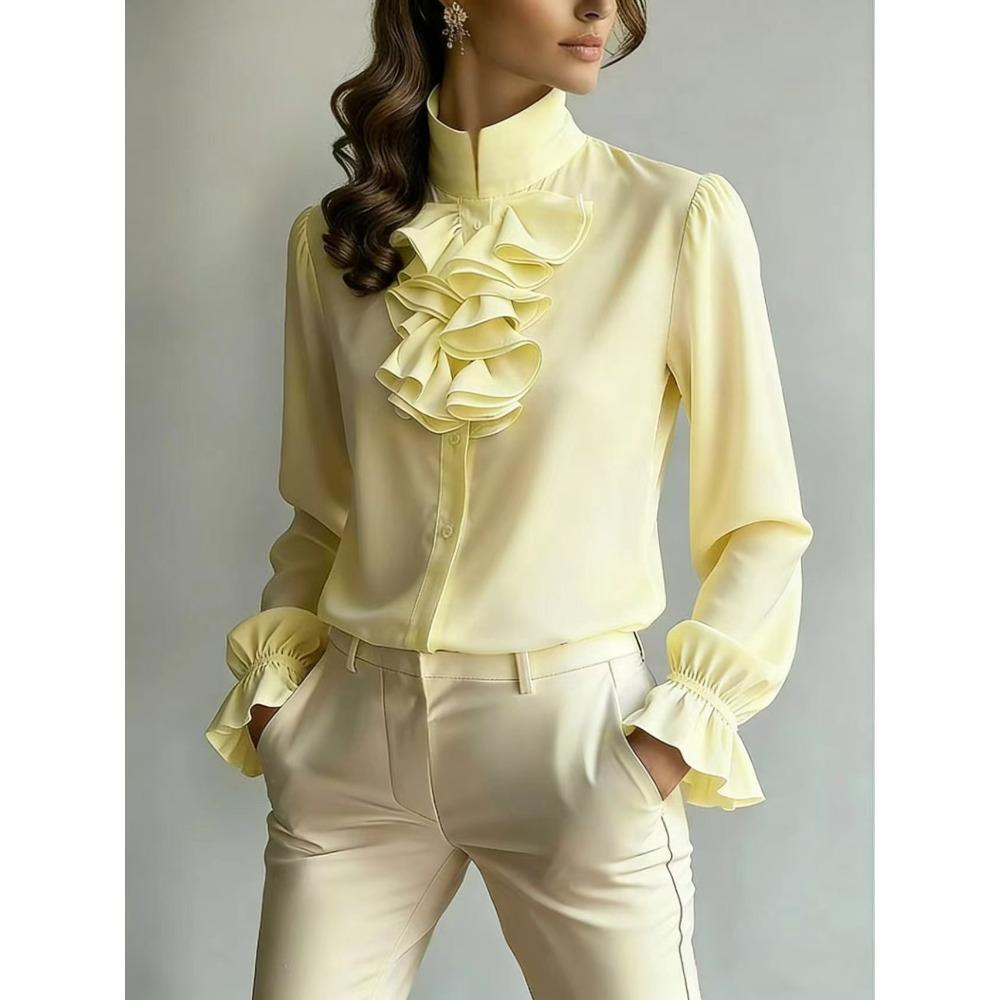 Spring and Autumn New Temperament Commuting Loose Stand-up Collar Solid Color Ruffle Edge Women's Shirt
