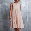 QICED Spring Summer Solid Color Print Sleeveless O-Neck Loose Swing Patchwork Cake Dress