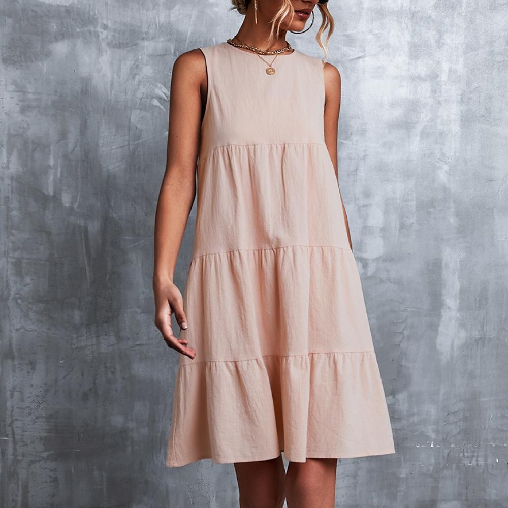 QICED Spring Summer Solid Color Print Sleeveless O-Neck Loose Swing Patchwork Cake Dress