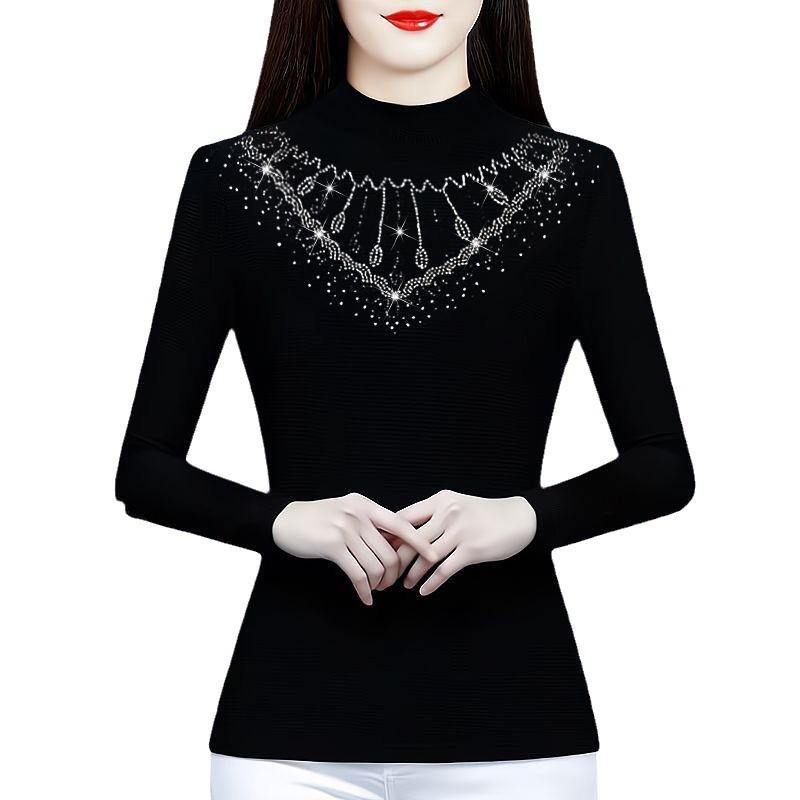 2024 Autumn/Winter Fleece-Lined Slimming Plus Size Long Sleeve Semi-High Neck Blouse