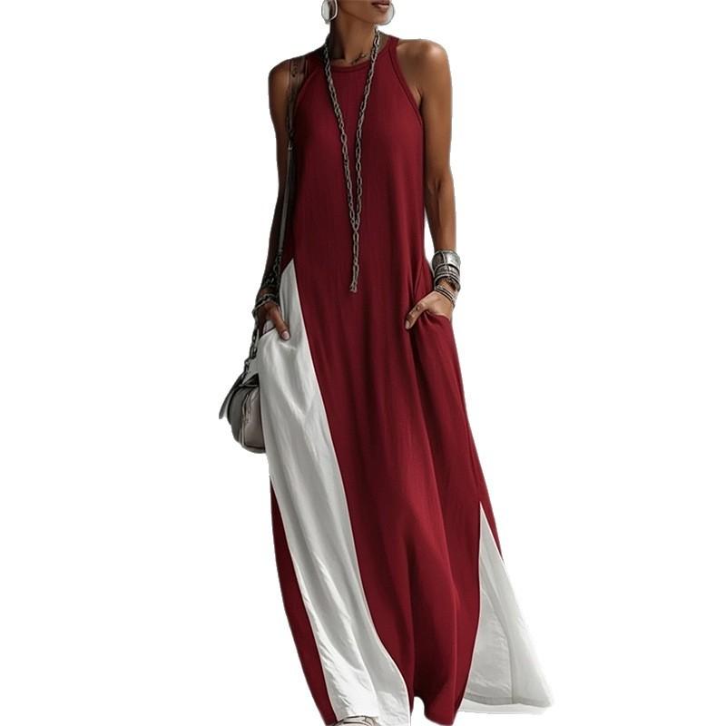 Spring New Women's Clothing, European and American, Fashionable and Elegant Color Contrasting Neck Sleeveless Dress