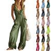 Women's Sleeveless V Neck Jumpsuit with Zipper Front Pockets Ruffle Details Wide Leg Casual Vintage Style Romper