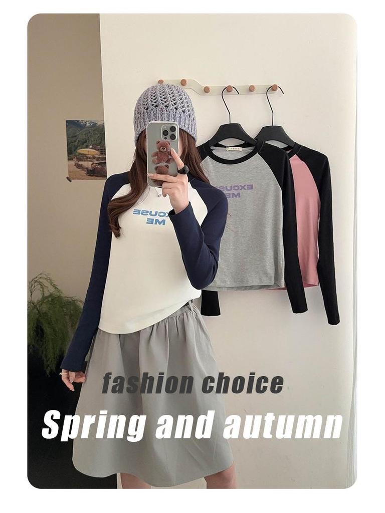 Lu Si Women's Spring Raglan Sleeve Color Block Letter Base Layer, Versatile Slimming Long Sleeve Casual Top