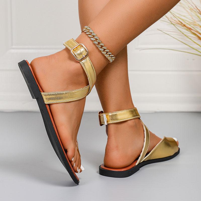 Fashion Gold Silver Pu Leather Flat Sandals Women Plus Size Ankle Buckle Cross Band Clip Toe Sandals Summer Comfort Non Slip Beach Shoes
