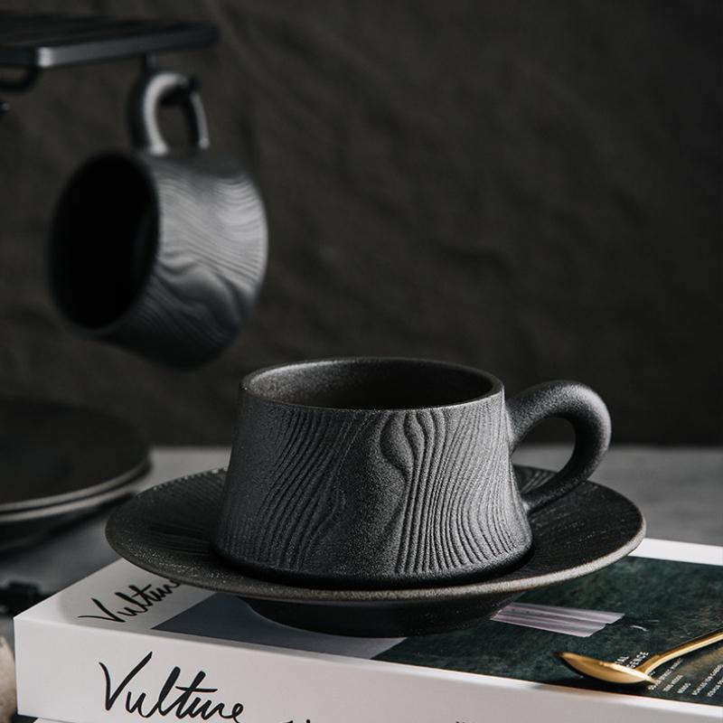 Capuccino Cups with Saucers and Metal Stand, 250ml Ceramic Coffee Cup Espresso Shots Cup Small Coffee Cups, Black and White