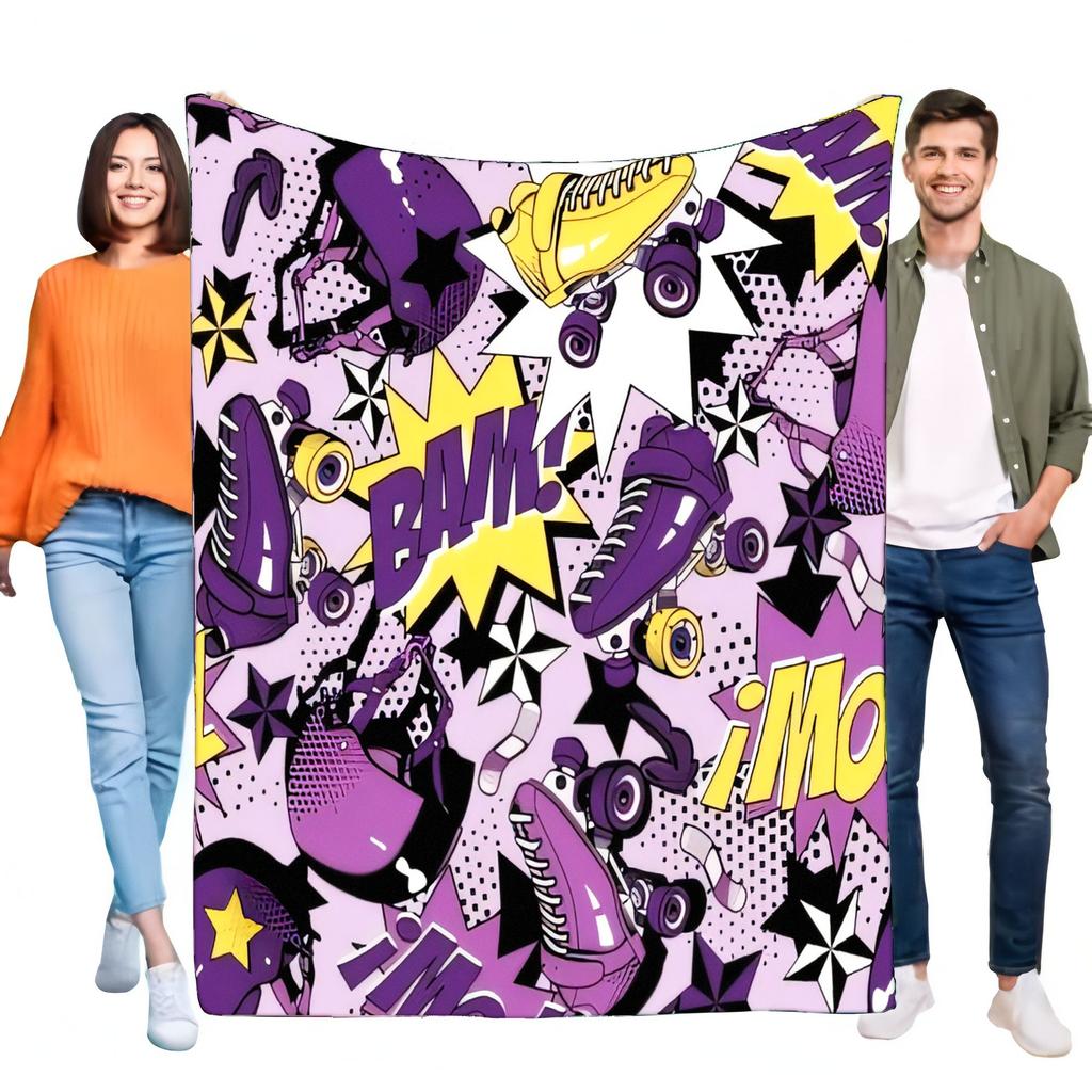 Vibrant Pop Art Roller Skate Blanket Super Soft Flannel Throw. Purple Yellow Comic Book 'BAM!' Design for Bed Sofa Couch Decor G