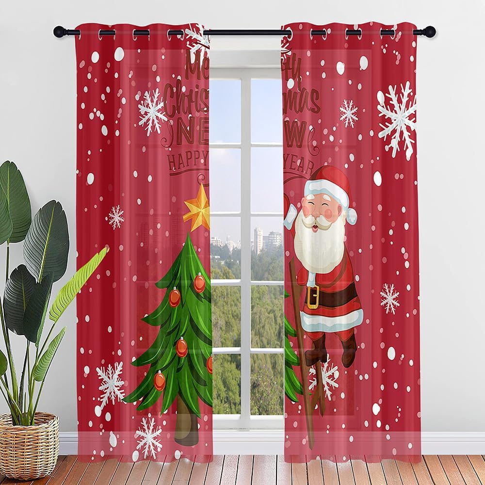 Christmas Curtain Bedroom Living Room Cafe Xmas Santa Claus Chiffon Voile Window Drapes Treatments Light Filtering Polyester Ideal For Great