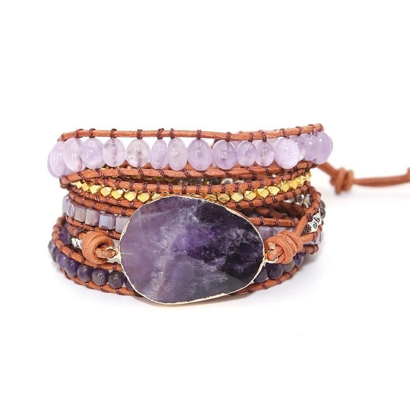 1Pc Boho Leather Bracelet for Women Unique Mixed Natural Amethyst Turquoise Agate Stones 5 Strands Wrap Handmade Jewelry Gift