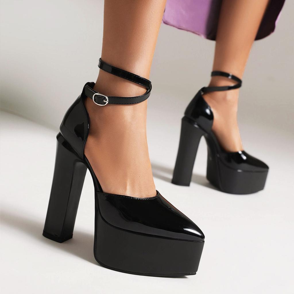 European And American Large Size Bag Head Buckle Waterproof Table High Heels Super High Heels Sexy Banquet Hate Sky High Black Thick Sole Catwalk