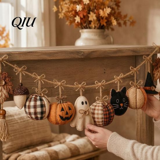 Decoraciones reutilizables para fiestas de Halloween, Guirnalda de Banderines Vintage de 61 Pulgadas, Calabaza de Tela Rellena Rústica, Fantasma, Borla Decorativa Negra Colgante para