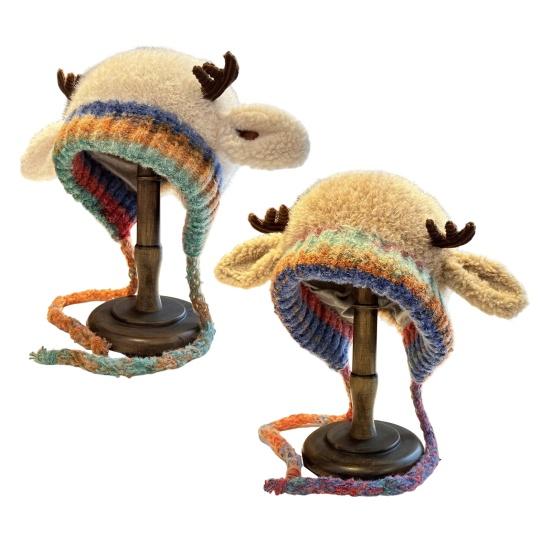 Christmas Deer Hat Handbag 2-in-1 Knitted Reindeer Cap Windproof Foldable Lightweight Packable Knit Hat Winter Travel Accessory