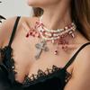 SHIXIN Goth Multi Layer Red Imitation Pearl Choker Necklace for Women Retro Jesus Cross Pendant Necklace Halloween Jewelry Gift