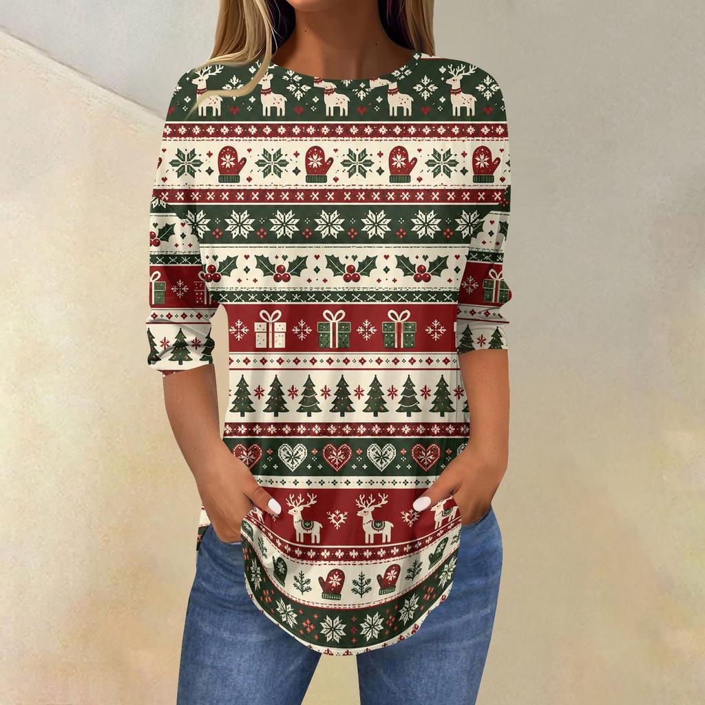 Women's Christmas Print Three-Quarter Sleeve Neck T-Shirt Top