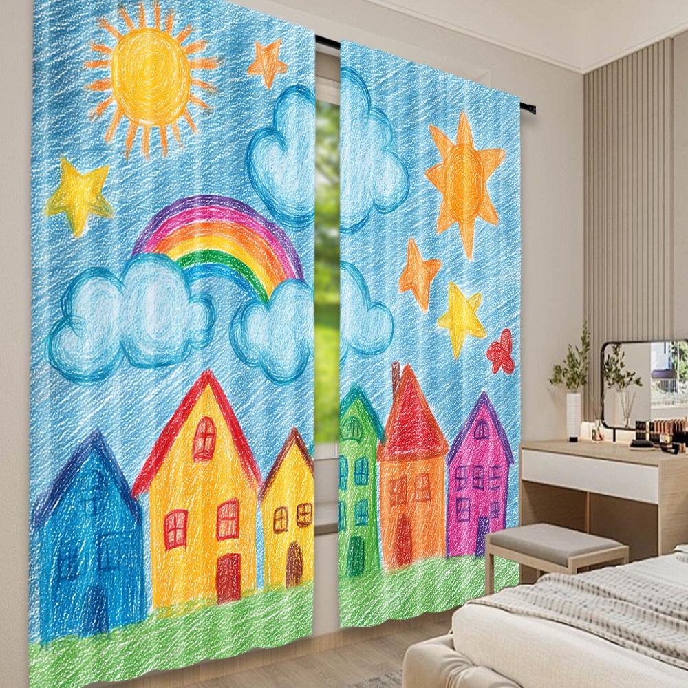 Set Of 2 Flat Printing Scene Curtains Colorful Sunny Village Digital Printed Polyester Drapes Birthday Party Use Event Curtain
