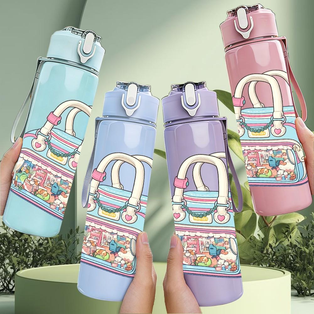 1PC Colorful Handbag Cartoon 750ml Color Plastic Sports Water Bottle Leakproof Flip Straw Lid Suitable for Sports Office Home Use