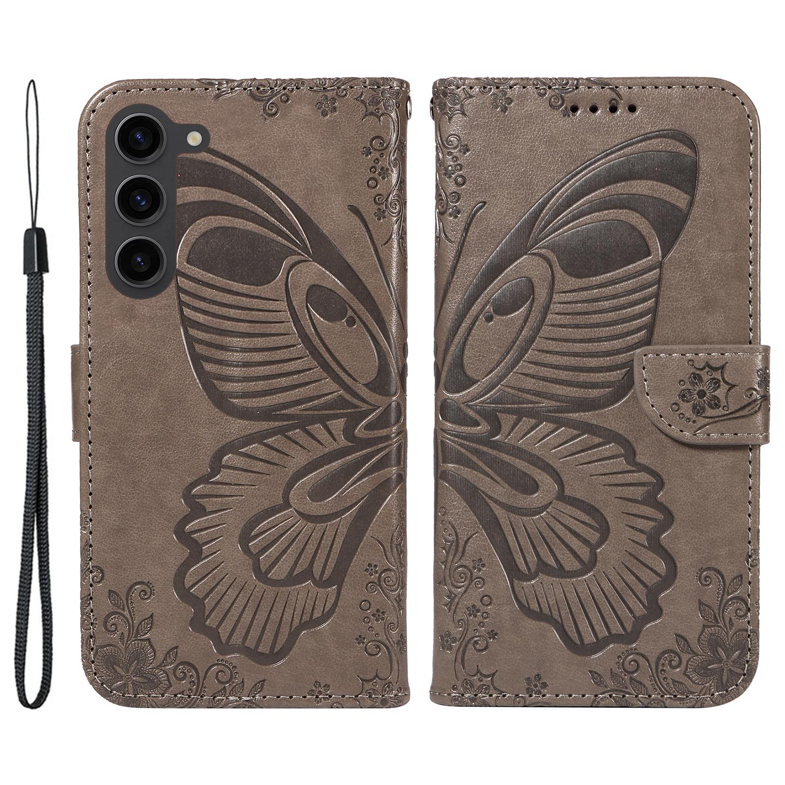 

For Samsung Galaxy S23+ Wholesale Phone Case Butterfly Pattern PU Leather Flip Phone Cover Grey