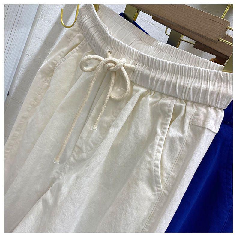 Women's Summer High-Waist Cotton Cropped Pants - Slimming, Harajuku Style, Plus Size, Elastic Waist, Lightweight Casual Wear