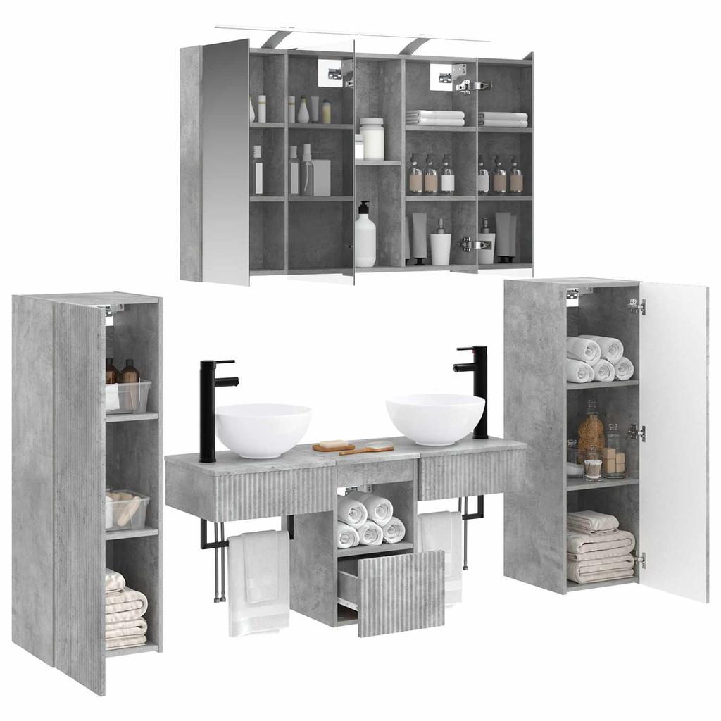 6 Piece Bathroom Furniture Set Concrete Grey Engineered Wood and Glass