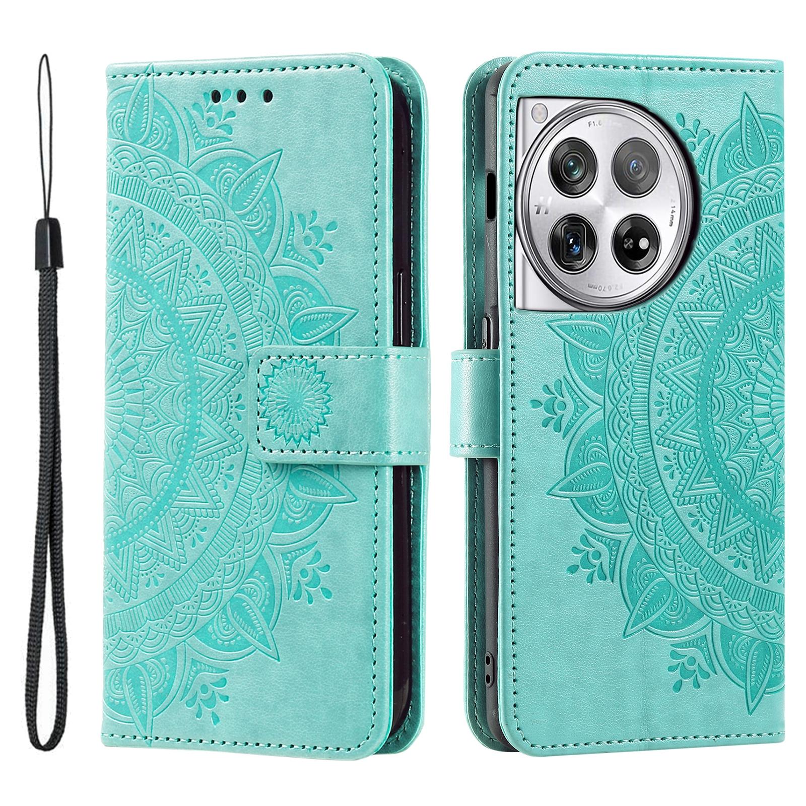 

For OnePlus 12 5G Magnetic Phone Case Mandala Flower Imprinted PU Leather+TPU Cover Green