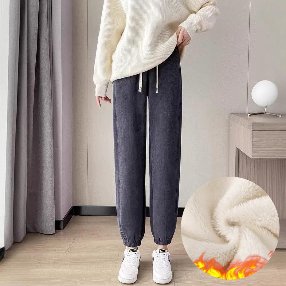 Fleece-Lined Lambswool Cuffed Sports Pants - 2026 Autumn/Winter Warm Windproof Slim Fit Cotton Pants