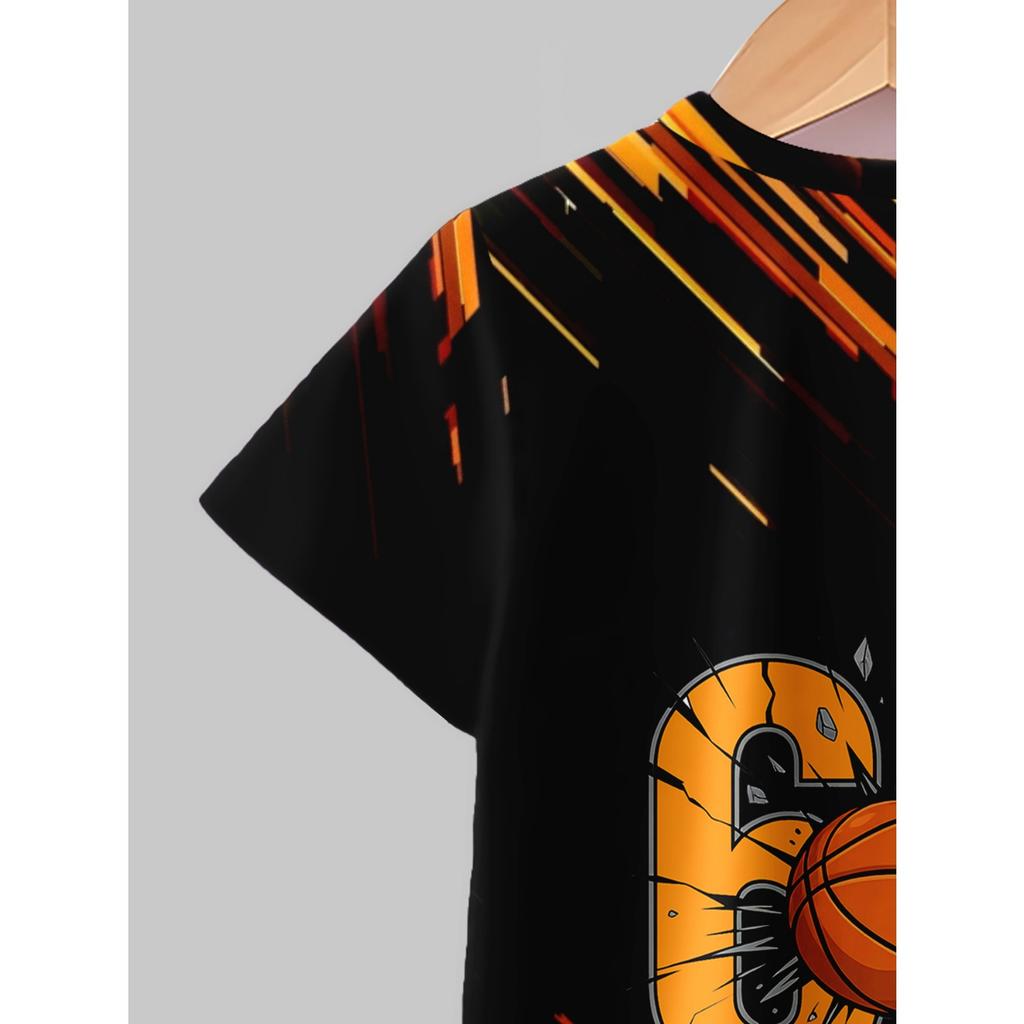 Boys' Set of Fashionable 3D Printed Casual Pullover, Short Sleeved Shorts, T Sports Shirt, Boys' Outdoor T-shirt Shorts Set