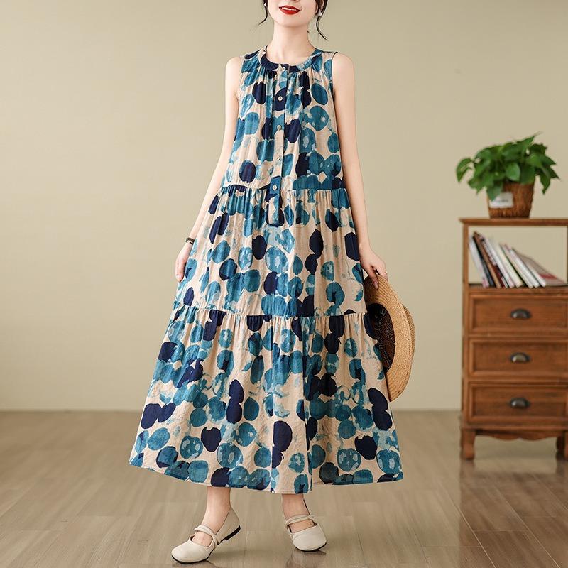 Real Summer New Literary and Retro Loose Printing Cotton and Linen Stand-up Collar Sleeveless Dress Women's Long Dress