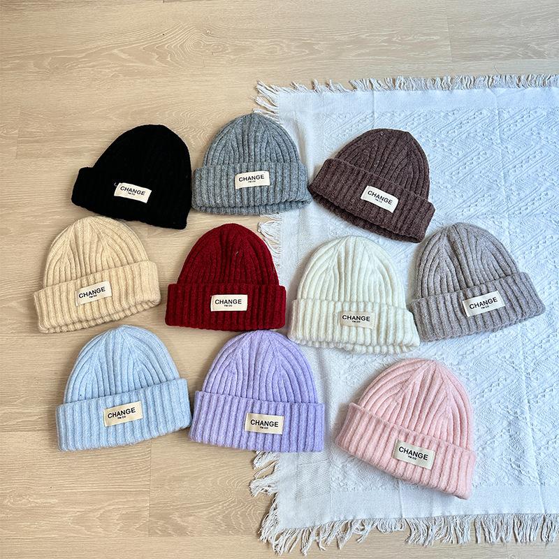 Korean Style Casual English Cloth Label Long Camel Hair Knitted Hat Autumn and Winter Warm Woolen Hat Dome Ear Protection Hat
