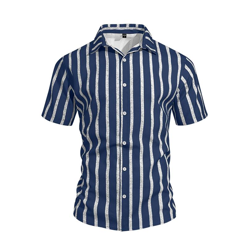 Summer 2026 Men's Slim Fit Short Sleeve Shirt Collared Striped Beachwear Casual Fashion European Style