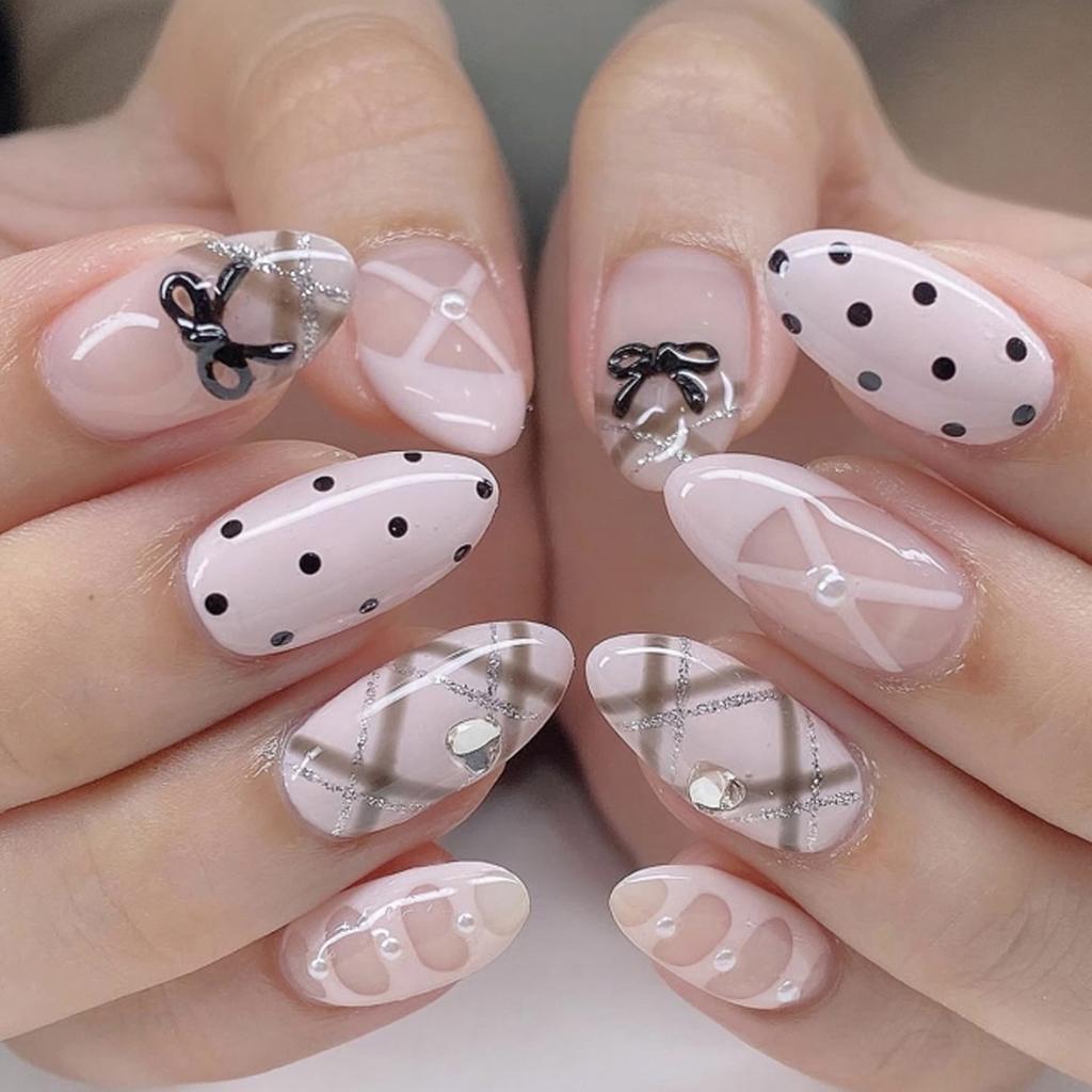 24Pcs Y2K Gothic Black Bow Almond Cat Eye Press On Nails Full Cover Acrylic Nail Tips