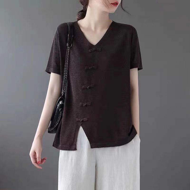 

2025 Spring Stylish Knit Short Sleeve Top – Elegant, Simple, Slimming, and Flaw-Concealing XXL кофейный