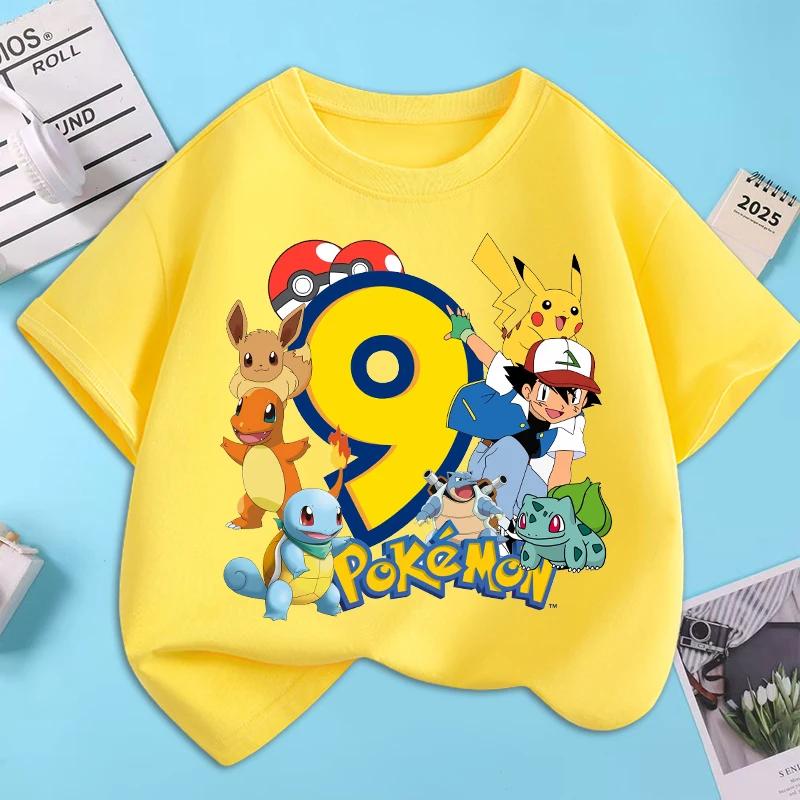 Pokemons Cartoon Number Birthday T-shirts Pikachu Anime Cute Short-sleeved Top Boys Girls Summer Fashion T-shirt Kids Clothes