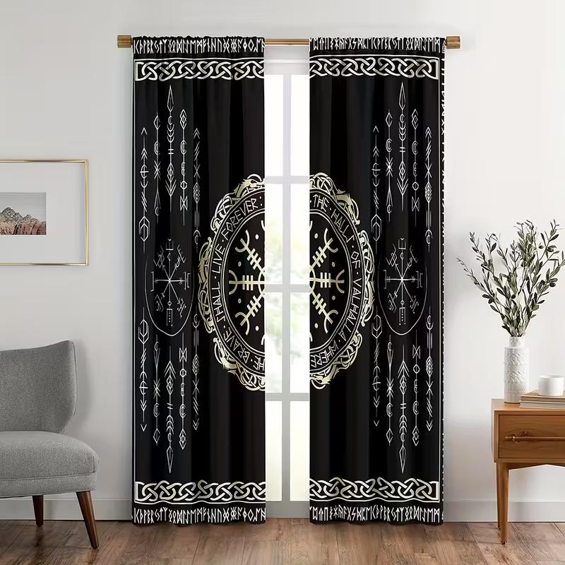 Vikama Norse Rune Viking Symbol Curtain Black Gold Celtic Knot Pattern Window Decor Panels Light Blocking Made Of Polyester