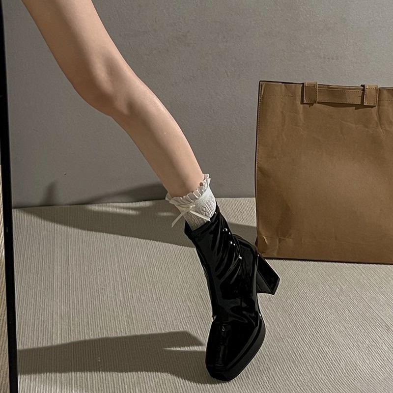 Fashion Temperament Platform High Heel Boots Women's Fashion Round Toe Rear Zipper Patent Leather Shorter Boots