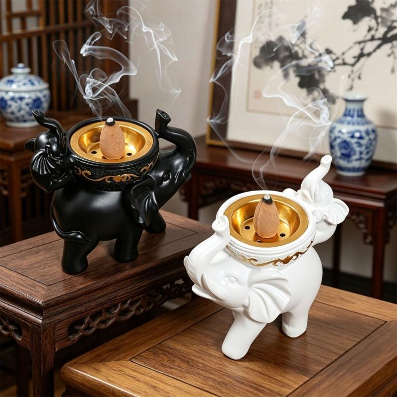 Decorative Mother and Baby Elephant Incenses Holder Resin Cone Burners White Finish with Gold Bowl for Meditations Room Table and Shelf Display
