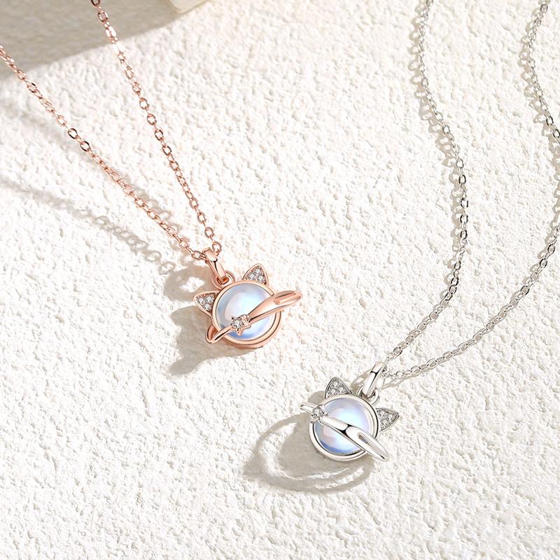 Flash Diamond Planet Collarbone Chain Student Temperament Colorful Moonstone Cat Pendant Necklace Exquisite Gift