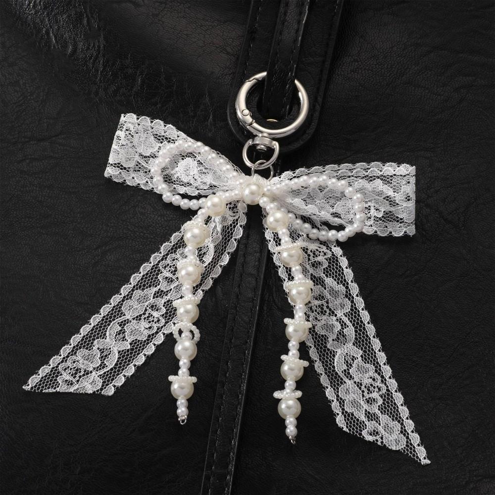 Pearl Beaded Bow Ribbon Keychain Y2K Bag Charm Sweet Lace Bow Keychain  Phone Decoration
