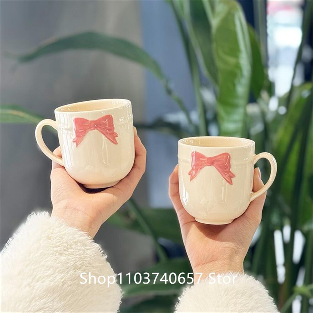 Girl's Heart 3D Bow Ceramic Mug Creative Coffee Cup Girl's Gift Handheld Exquisite Gift