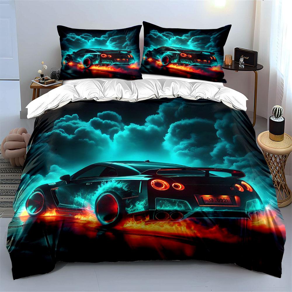 Flaming Sports Car Speeding At Night Print Bedding Set 1 Duvet Cover 2 Pillowcases For Adult Children Luxury Gift Full Size
