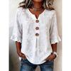 Women's V Neck Three Quarter Sleeve Top Loose Fit Floral Embroidery Ruffle Cuff Casual Blouse