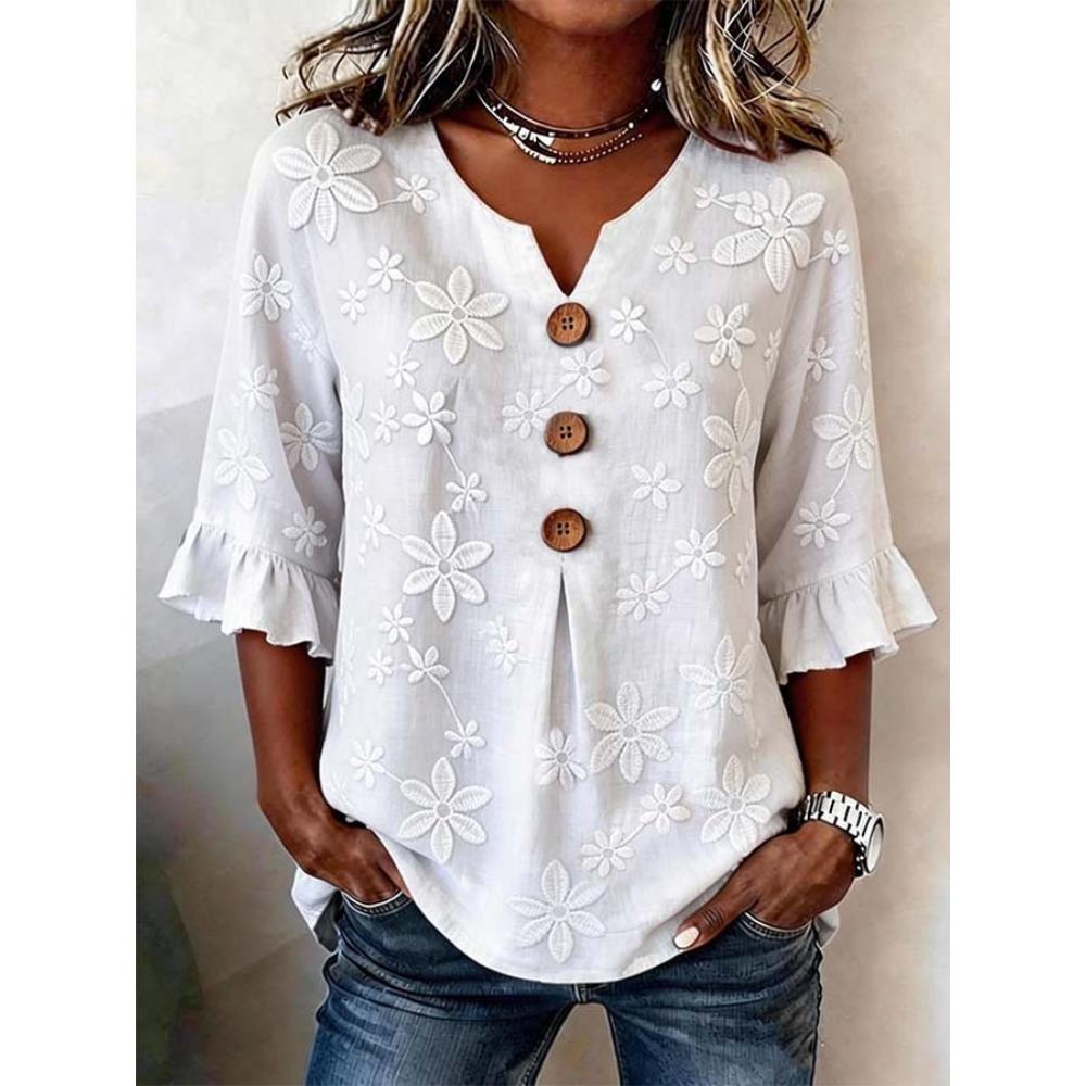 Women's V Neck Three Quarter Sleeve Top Loose Fit Floral Embroidery Ruffle Cuff Casual Blouse