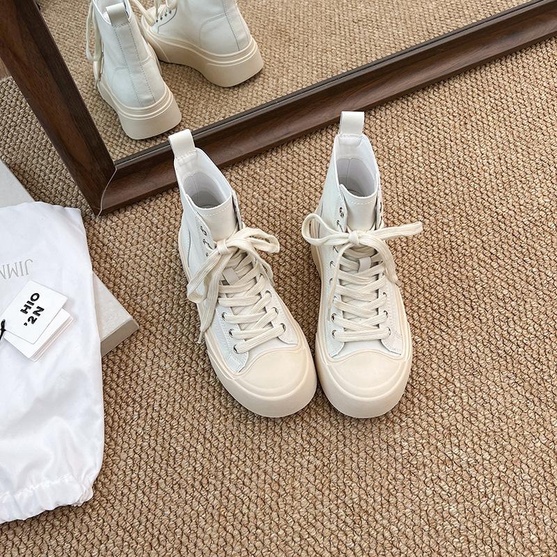 Sheepskin Version~ Thick Sole Design Sense Simple Invisible Height Increase Casual Shoes Women's New Lace-up Round Head High-top Shoes