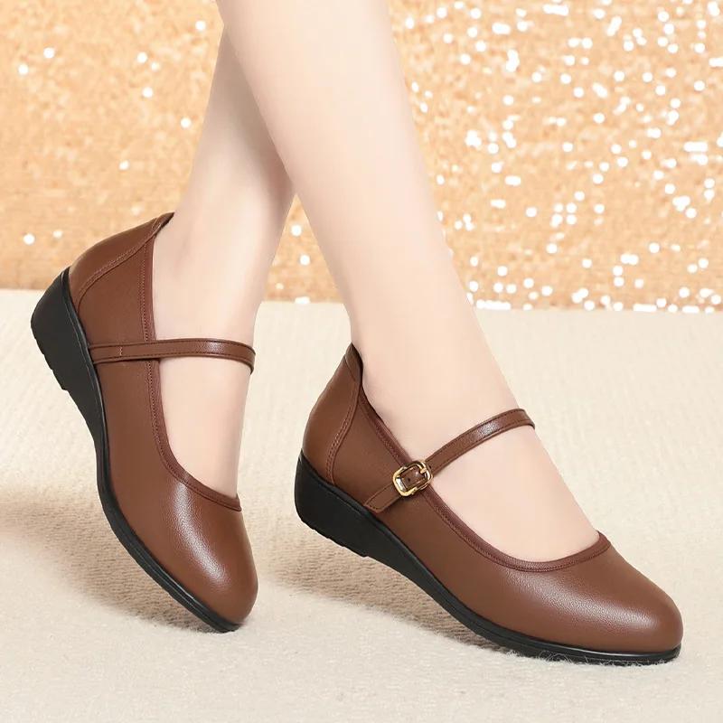 

3,5 см Модные Дышащие Туфли-клинья на платформе из мягкой кожи Женские Осенние 2025 Плоские каблуки Мэри Джейн для офиса, для мамы 41