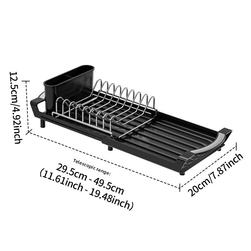 Pull-Out Dish Drying Rack, Multi-Purpose Expandable Kitchen Dish Drainer with Cutlery Holder for Counter top and Sink чёрный