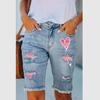 Damen Mid-Rise Gerade Bein Distressed Rosa Herz Muster Ausgefranster Saum Bermuda-Shorts Lässige Jeans-Shorts