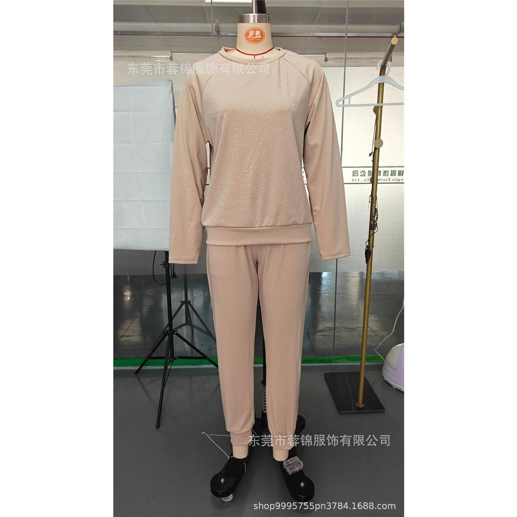 Women's sets Plus Size Solid Color Long Sleeve Crew Tie Pockets Rhinestone Sweatshirt Pants Set of 2