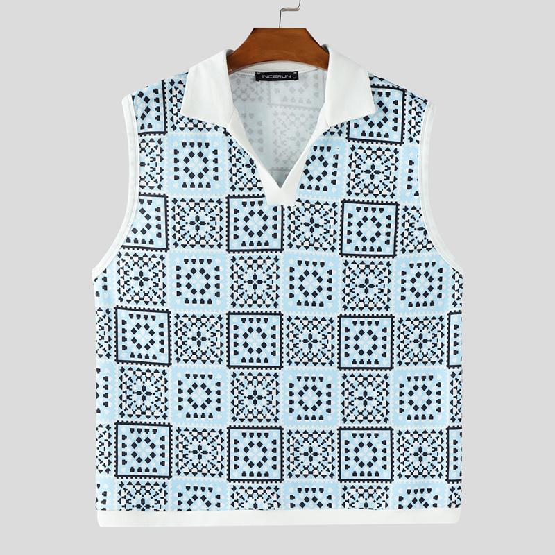 INCERUN Men Lapel Sleeveless Plaid Print Casual Thin Loose Tank Tops
