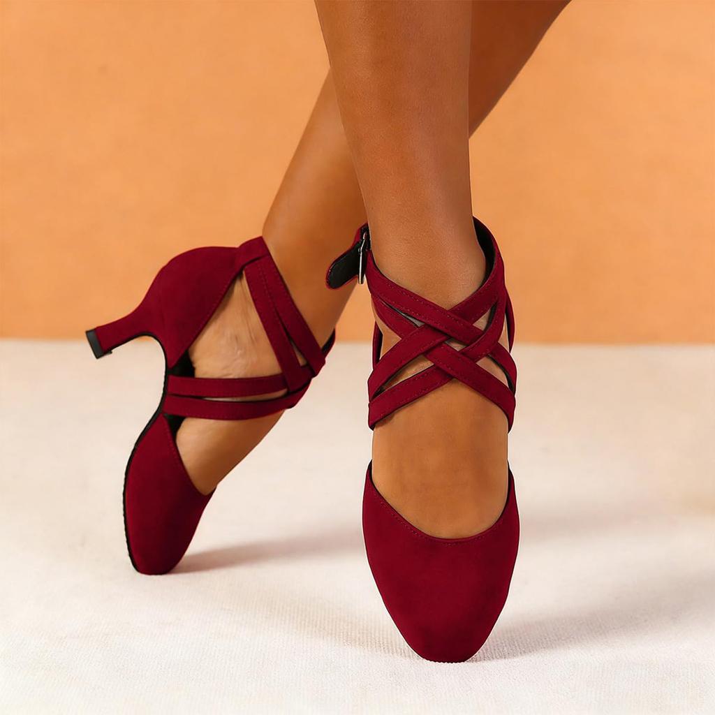 Women's Ballroom Latin Suede Dance Shoes Tango Waltz Closed Toe Party Dance Shoes Sandals With Heel