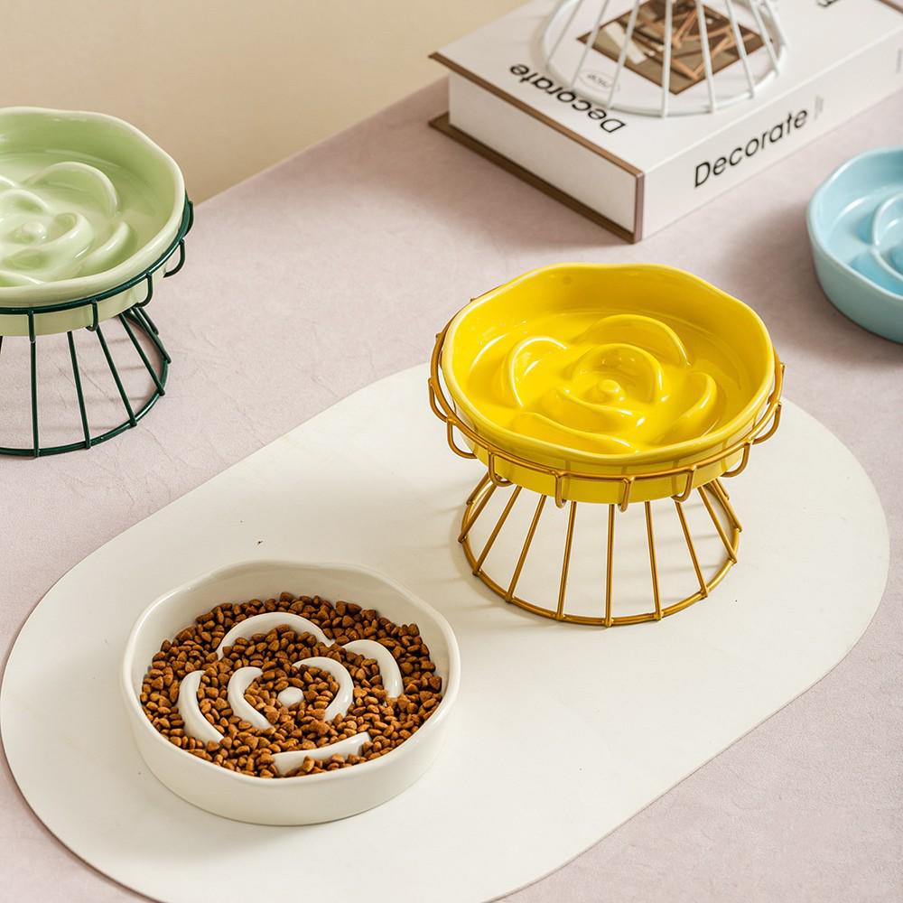 Ceramic Anti-Choke Slow Feeder Bowl with Neck Protection Stand for Small Dogs and Cats