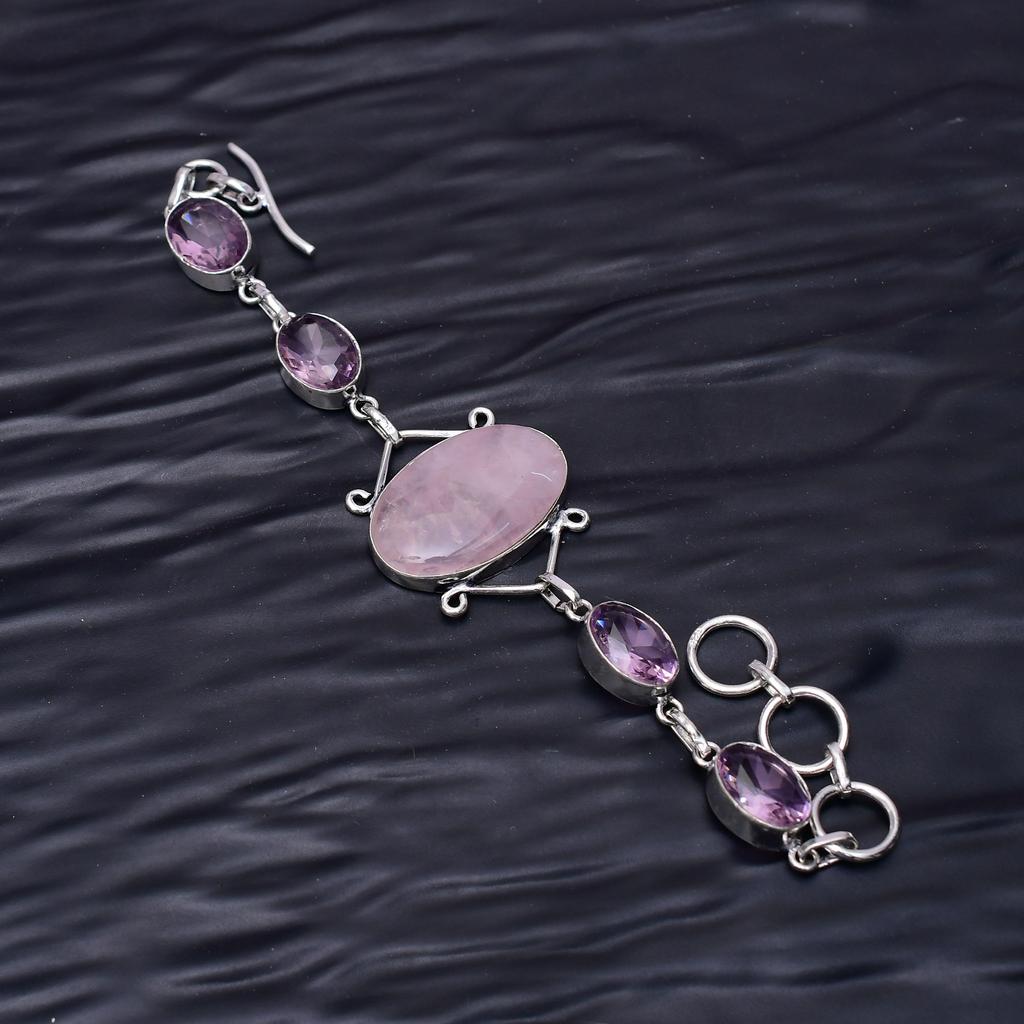 Rose Quartz & Pink Kunzite Gemstone : 925 Sterling Silver Handmade Multi Gemstone Bracelet Jewelry